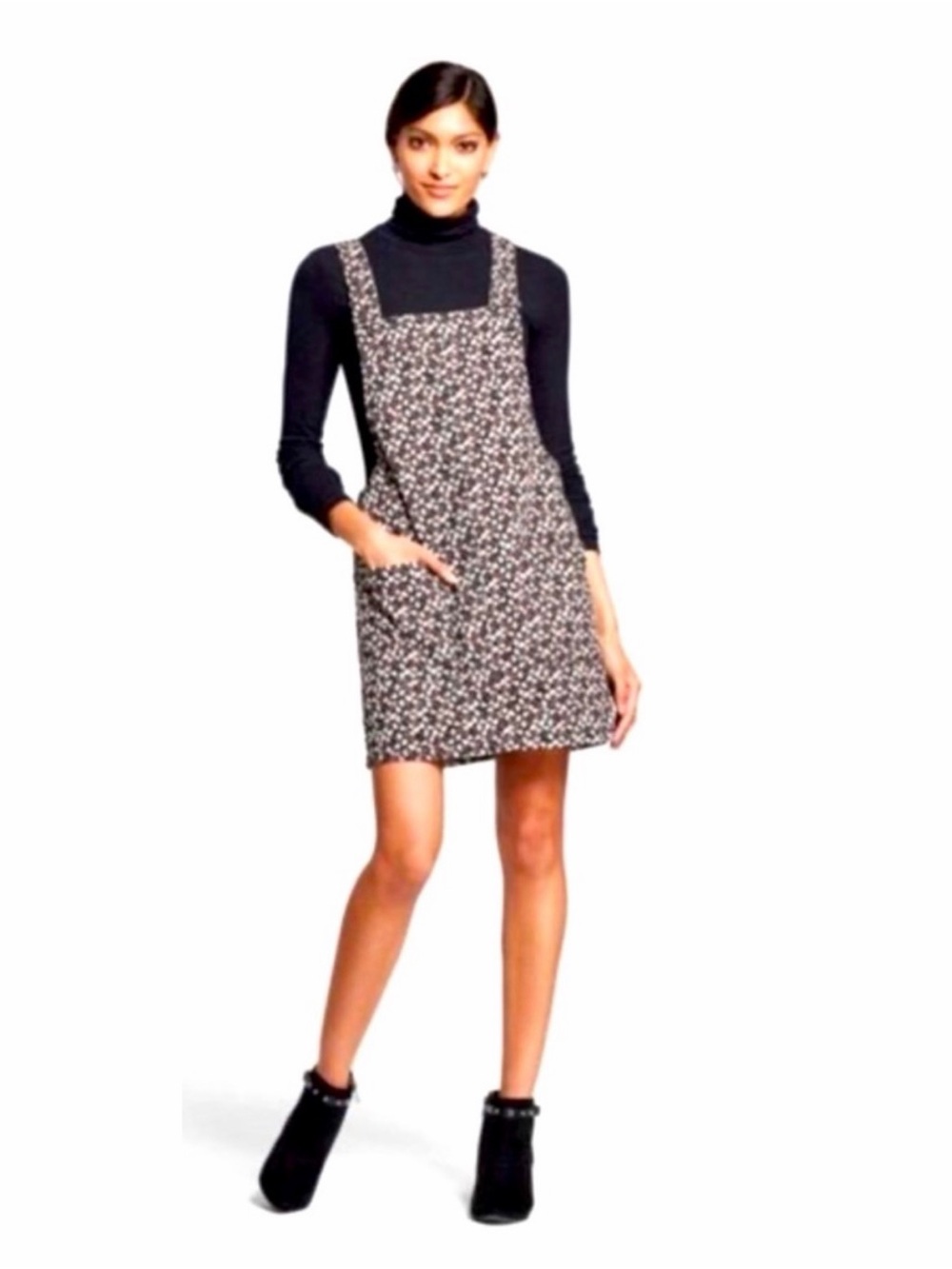 xhilaration Black Floral Mini Overall Pinafore Dress Small
